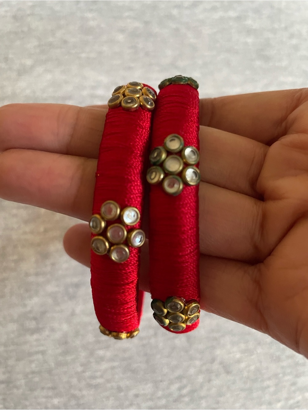 Red Silk Wrapped Kundan Bangle Set - Women Jewelry